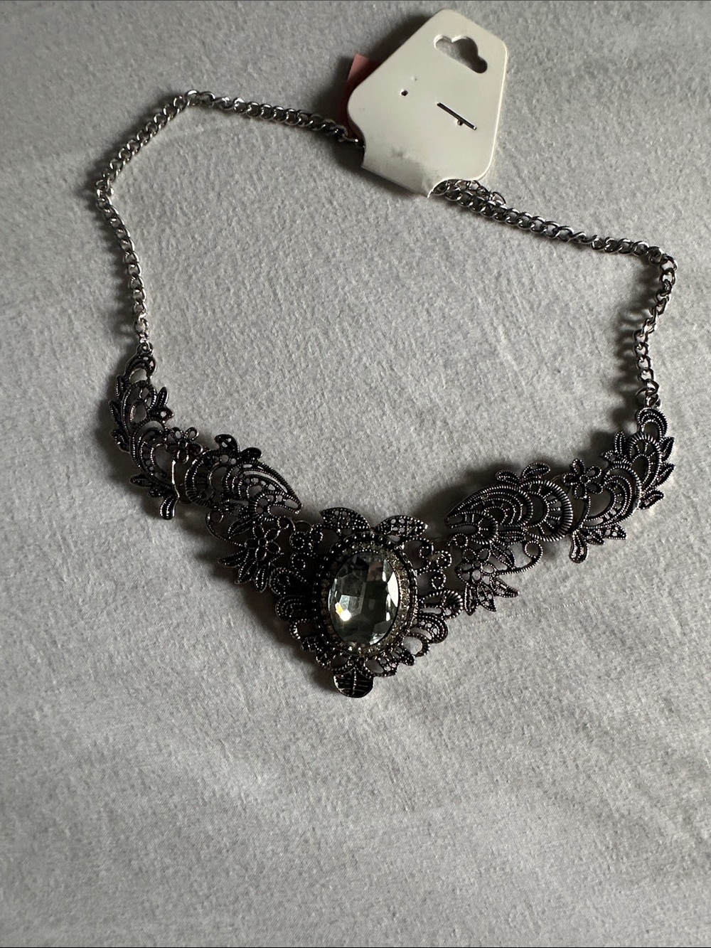 Delicate Filigree Statement Necklace with Clear Stone - Black